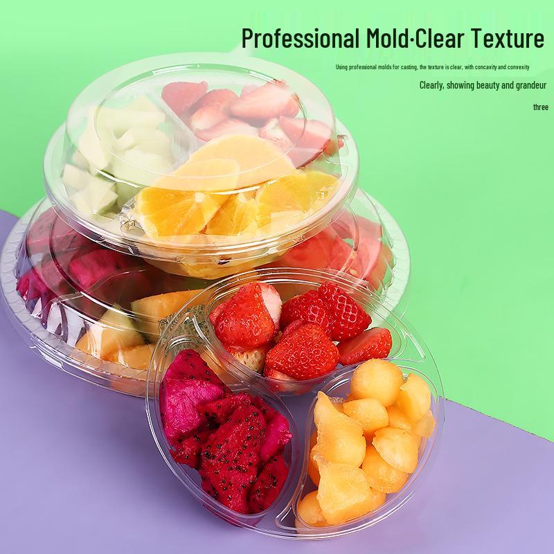 Transparente runde Einweg-Salatschale mit dreigeteilter Obstschale