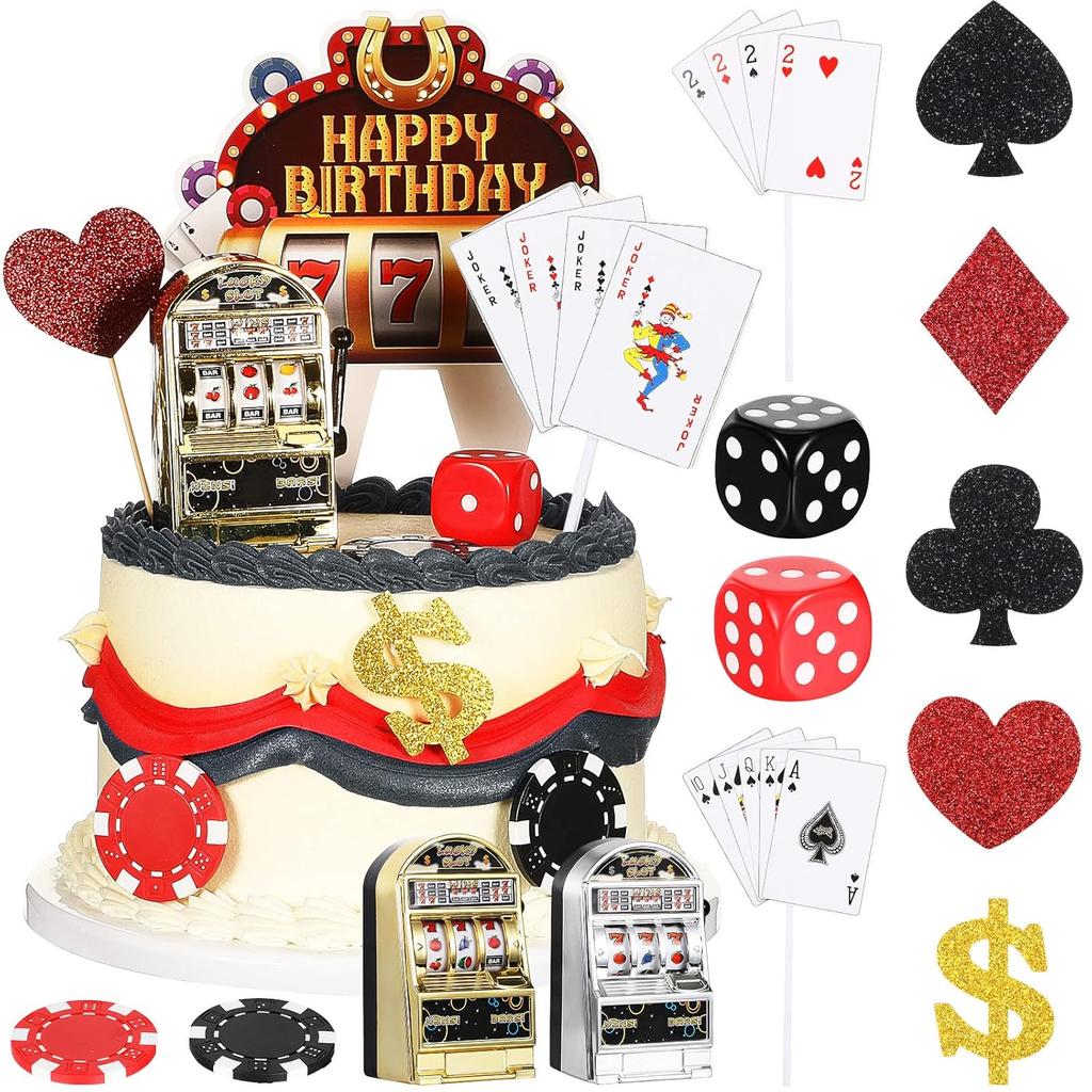 21 Pieces Casino Cake Decorations Set Mini Slot Toy Machine Poker Cake Topper Casino Happy Birthday Cake Topper