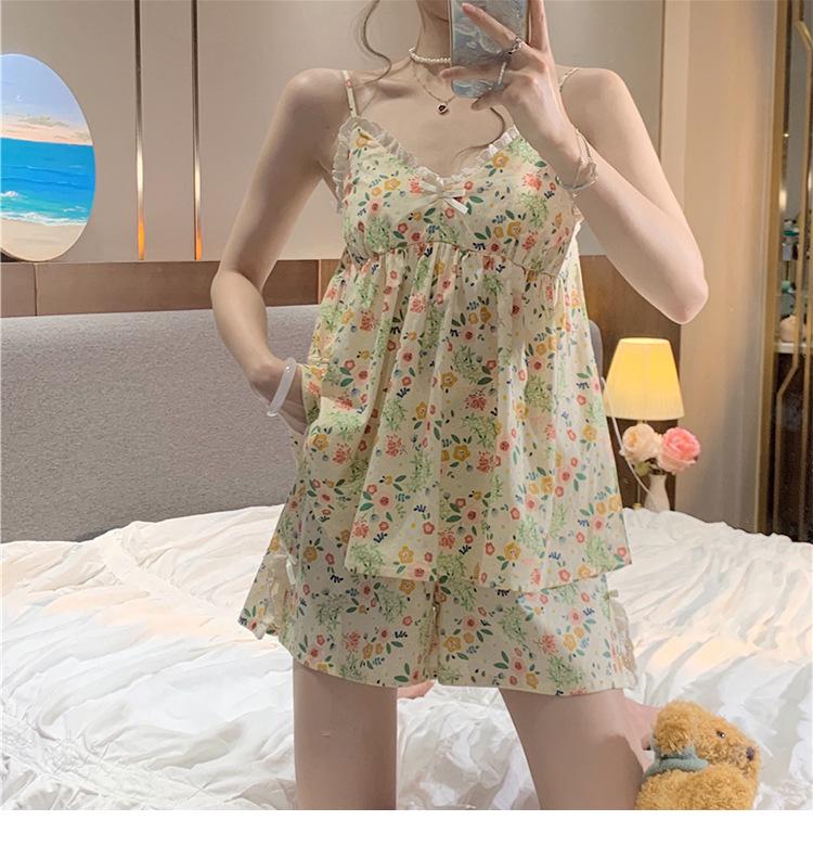 2023 Summer Women's Retro Floral Spaghetti Strap Long Pants Pajamas