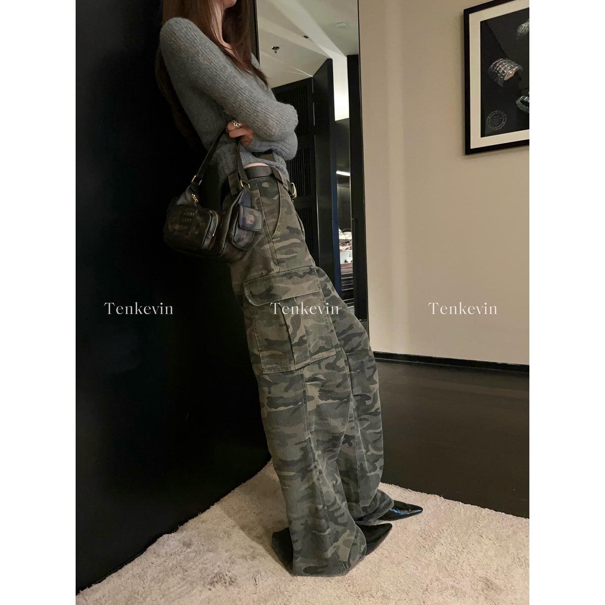 Eleven Stone Women s Petite Camouflage Cargo Pants - Low Waist, Loose Fit, Straight Wide Leg, Casual Style XS камуфляжный