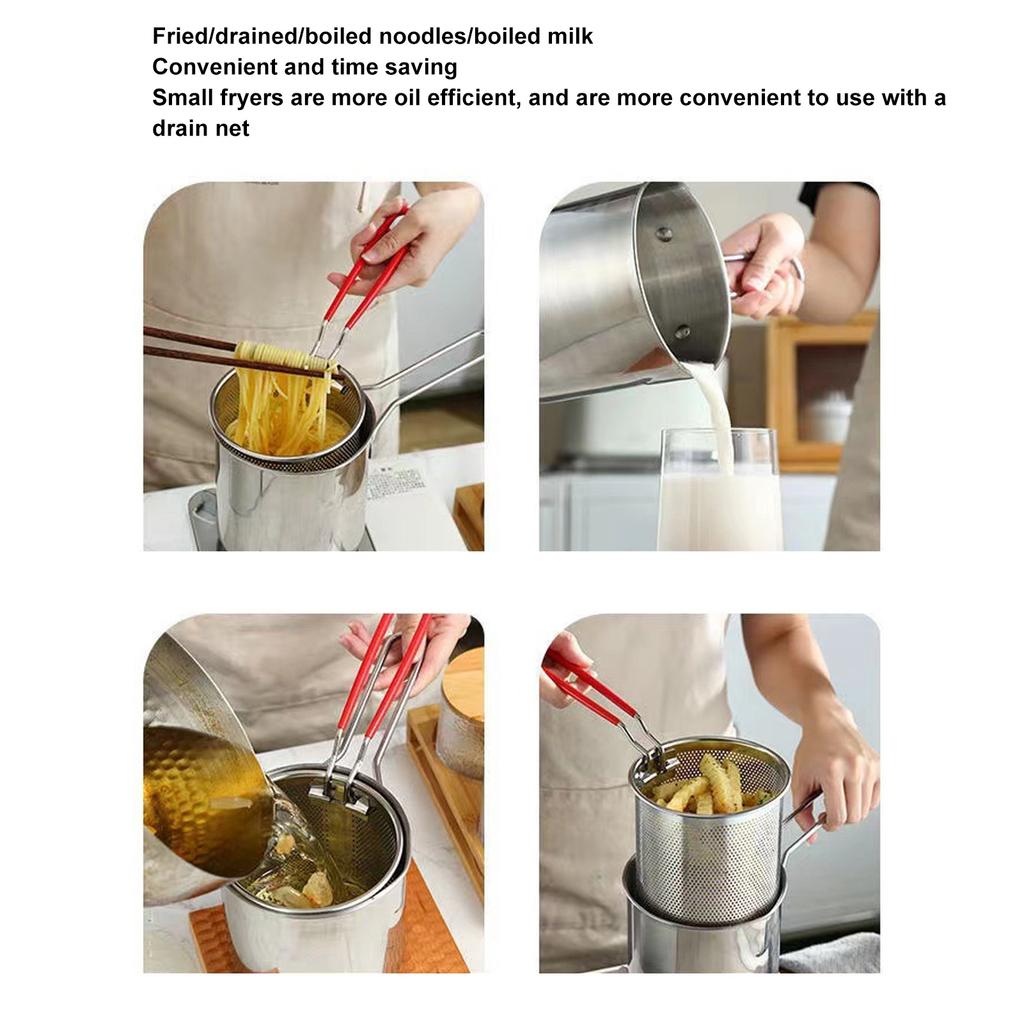 Deep Fryer Pot 304 Stainless Steel Frying Pan Stock Fry Pot with Strainer Basket and Handle for Frying Shrimp