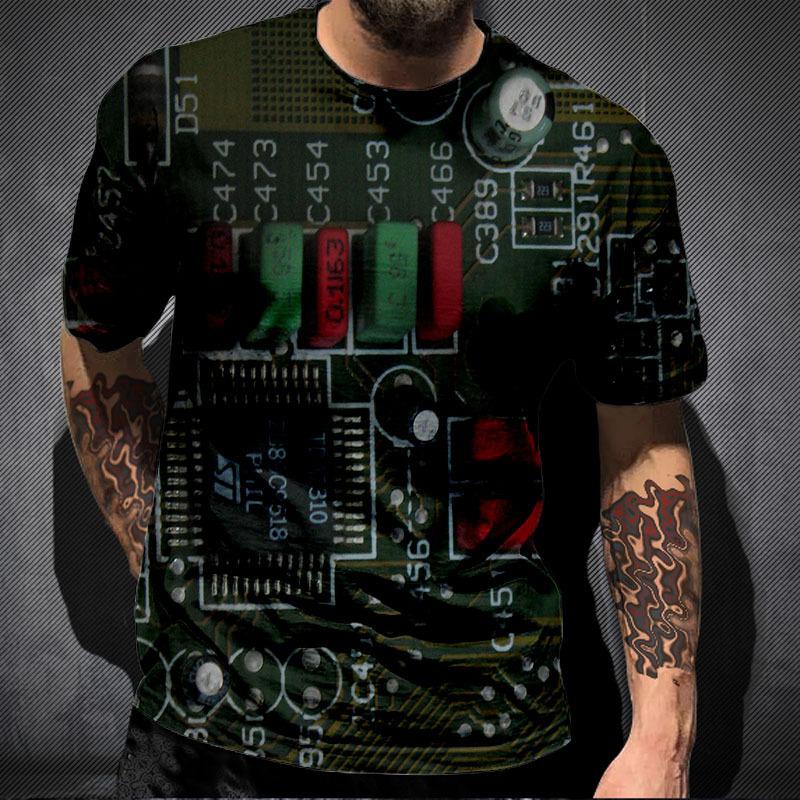 Summer Round Neck Circuit Board Pattern 3D Print Top Fashionable Casual Short Sleeved Men's T-shirts
