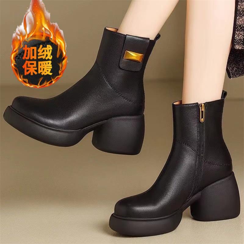 thick-soled Martin boots women's soft leather spring and autumn single boots 2025 new winter high-heeled side zipper thick heel thin short boots