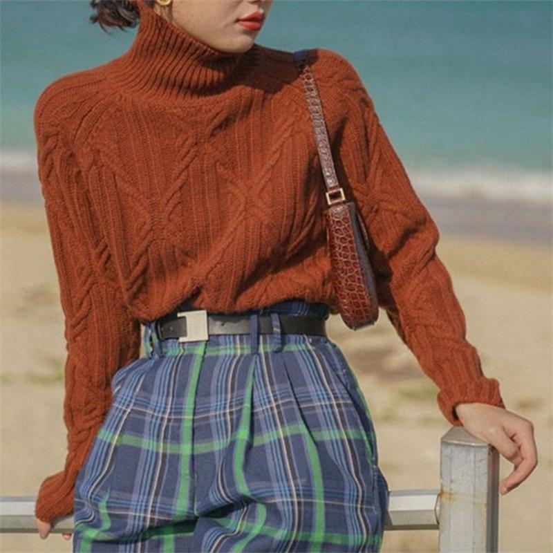 

Ретро свитер-водолазка с косами, женский осенне-зимний, новый, свободный и ленивый, мягкий и восковой трикотажный базовый свитер One size оранжевый