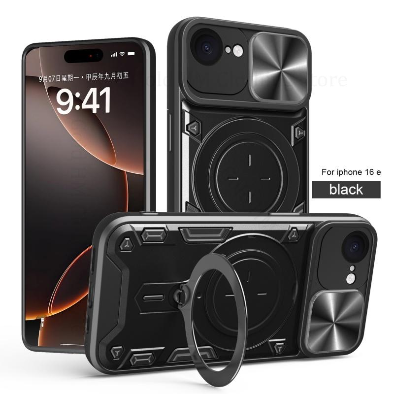 

Чехол для телефона iPhone 16e SE4 2025 Push Window Armor Magnetic Kickstand Tough Case для Apple 14 13 15 Pro Max 16 Plus Alloy Ring Holder Stand PC Cover For iPhone 16e чёрный