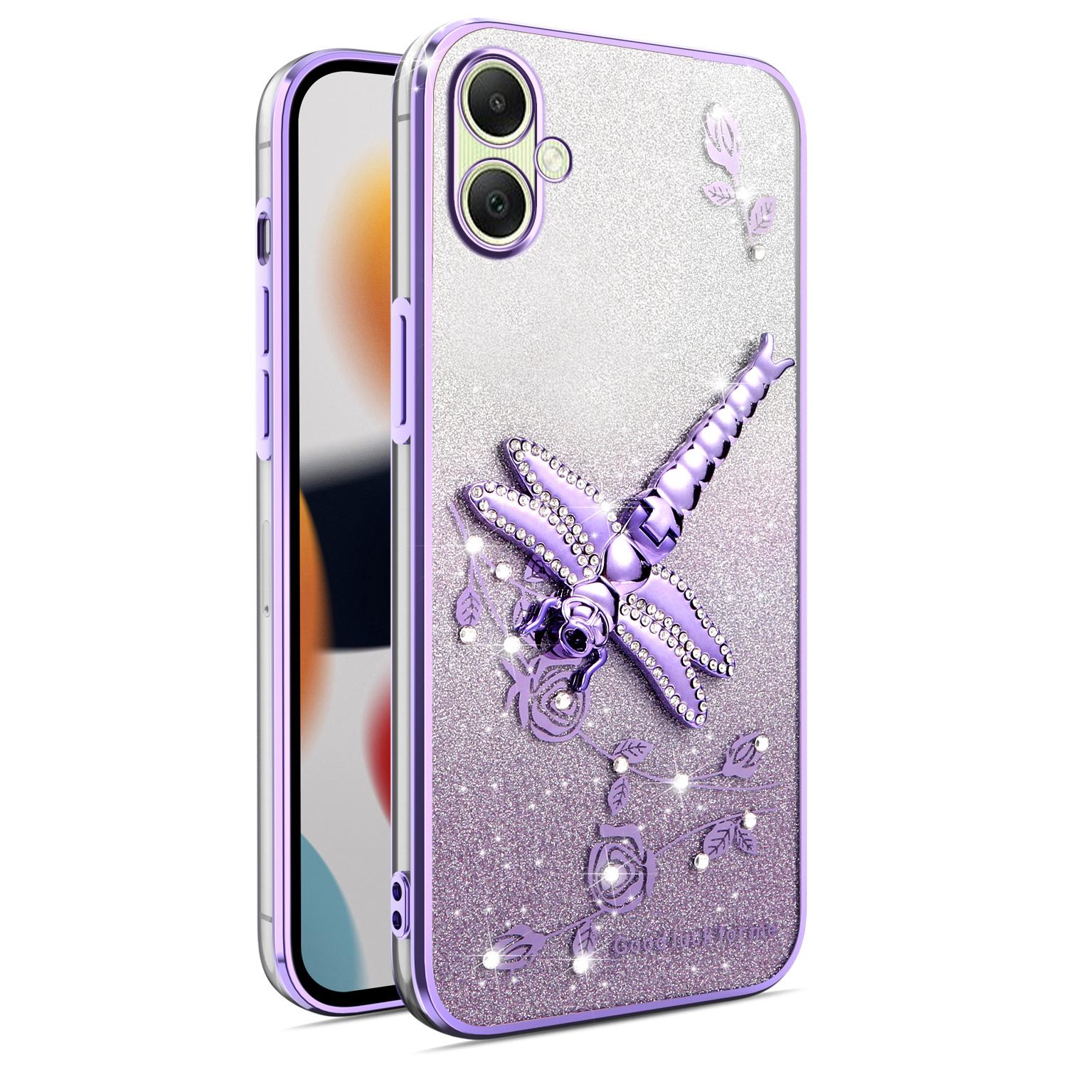 

KADEM For Samsung Galaxy A06 4G Case Dragonfly Kickstand TPU Flowers Glitter Phone Cover Purple