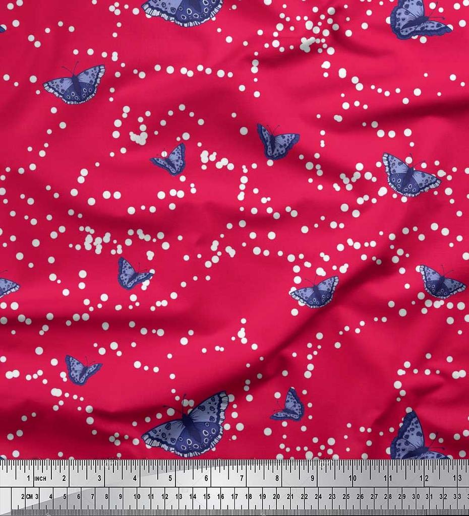 Soimoi Red Japan Crepe Satin Fabric Dot & Butterfly Print Fabric by the metre 42 Inch
