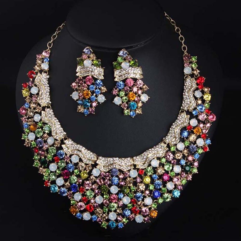 

Colored Gem Necklace Earrings Set Dress Wedding Dress Dinner Women s Accessories