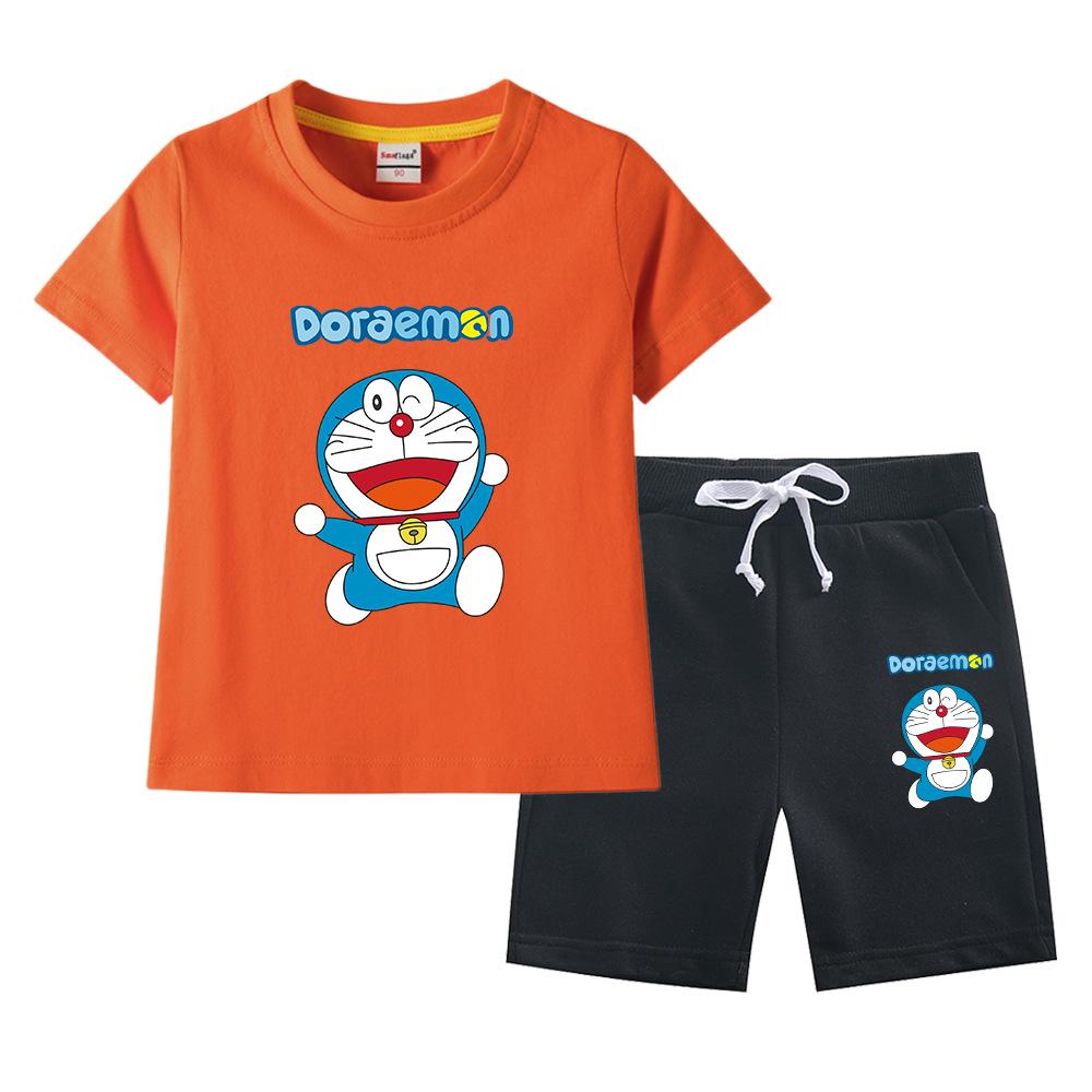 Doraemon Kids' Summer Set: Short-Sleeve T-shirt & Capris for Boys and Girls - Lightweight Casual Two-Piece.