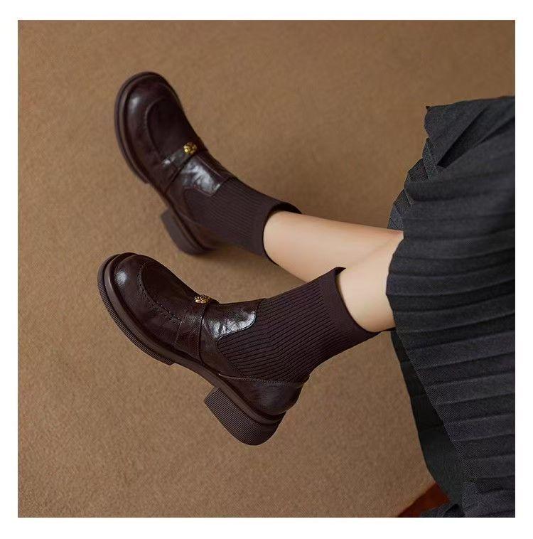 Women's Soft Leather Knit Sock Ankle Boots with Round Toe and Thick Sole, Plus Velvet Lining