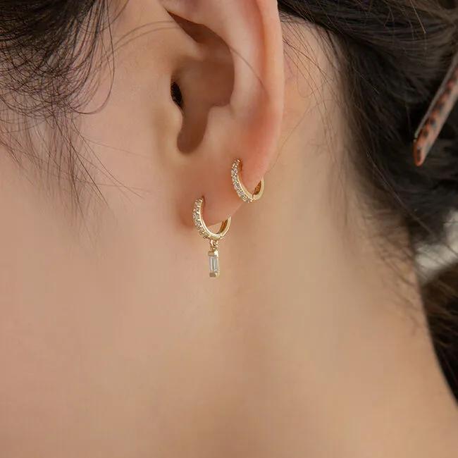 14k Baguette Pendant Drop Cubic One-Touch Earrings (14k Gold) A11
