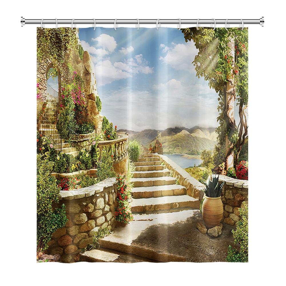 Venkovská krajina Sprchové závěsy Potok Kámen Lotos Buddha Koupelnový závěs Přírodní scenérie Vodotěsná Koupelna Domácí dekorace s háčky