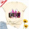 Pastel Happy Easter Tshirt Leopard Tie Dye Lettering With Bunny Ears Paws Carrots Graphic Breathable Cotton Casual Streetwear