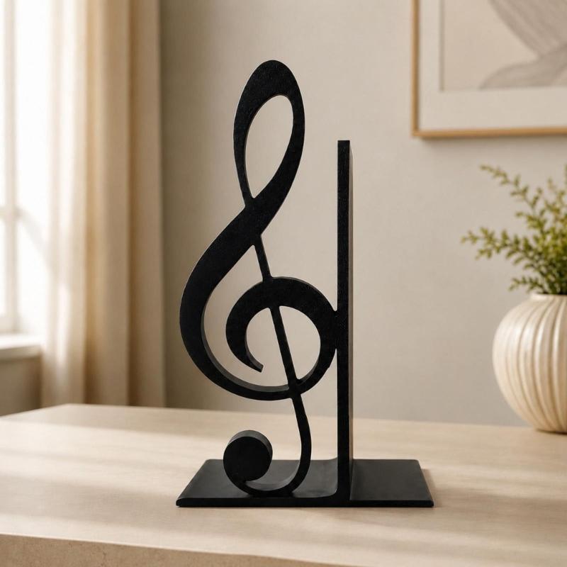 Musical Note Bookend with Flat Base Decorative Vertical Book Stoppers for Bookshelf, Desktop, Holiday Party Displays