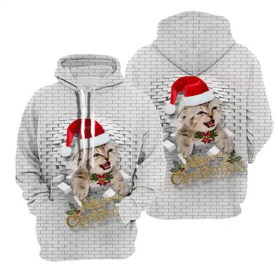 New Santa Claus Festival Clothing Cat Tops Polyester 3D Printed Popular Ripped Wall Long Sleeve Pullover Unisex Christmas Hoodie