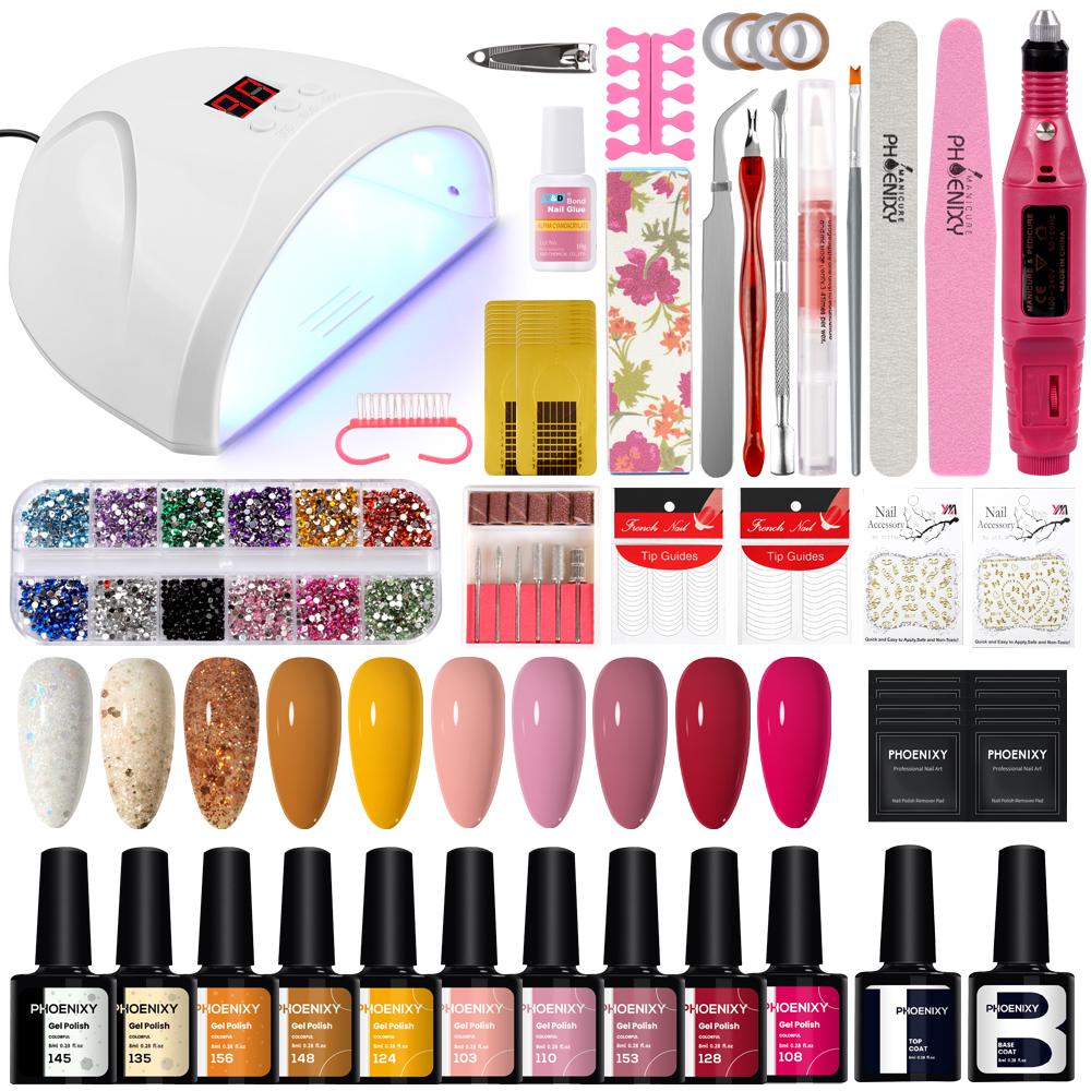

Набор гель-лака для ногтей PHOENIXY со светодиодной лампой для сушки ногтей мощностью 36 Вт, 10-цветным гель-лаком для ногтей, набором УФ-геля, фрезой для ногтей и набором инструментов для маникюра своими руками
