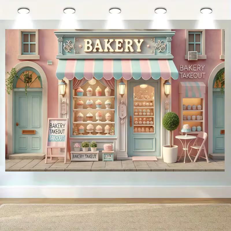 2D Sweet Bakery Backdrop, Aesthetic Macaron Bakery Banner for Home