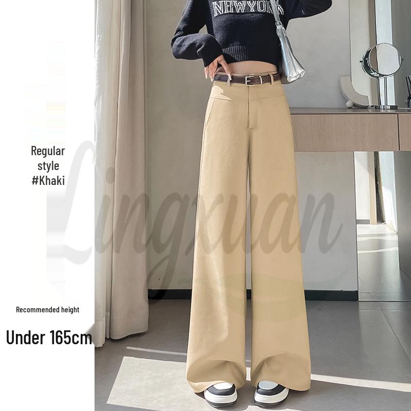 

Khaki High-Waisted Wide-Leg Pants for Women - 2026 Spring/Autumn Collection: Drapey, Slimming, Casual Straight Fit. Small