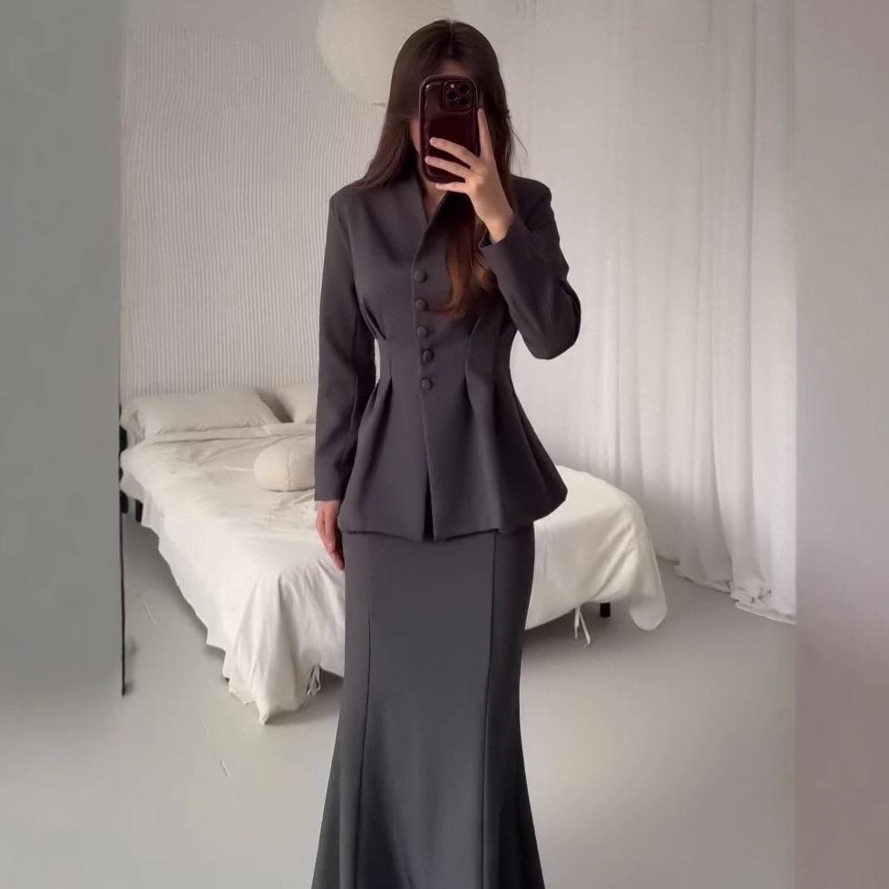 Cross-border European and American Autumn New Cardigan Button Suit Socialite Long-sleeved Top Hip Skirt Women's Clothing