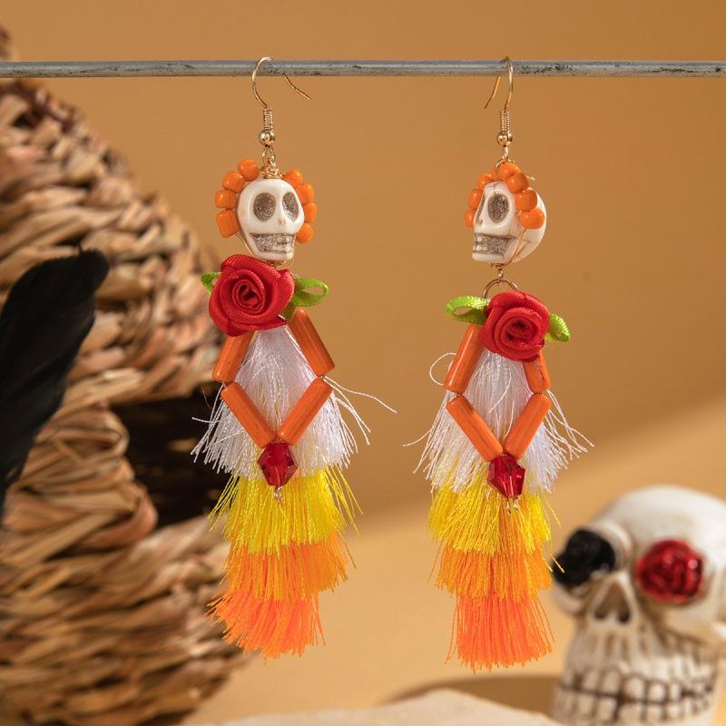 Halloween Funny Skull Tassel Rice Bead Earrings, Creative Rose Earrings