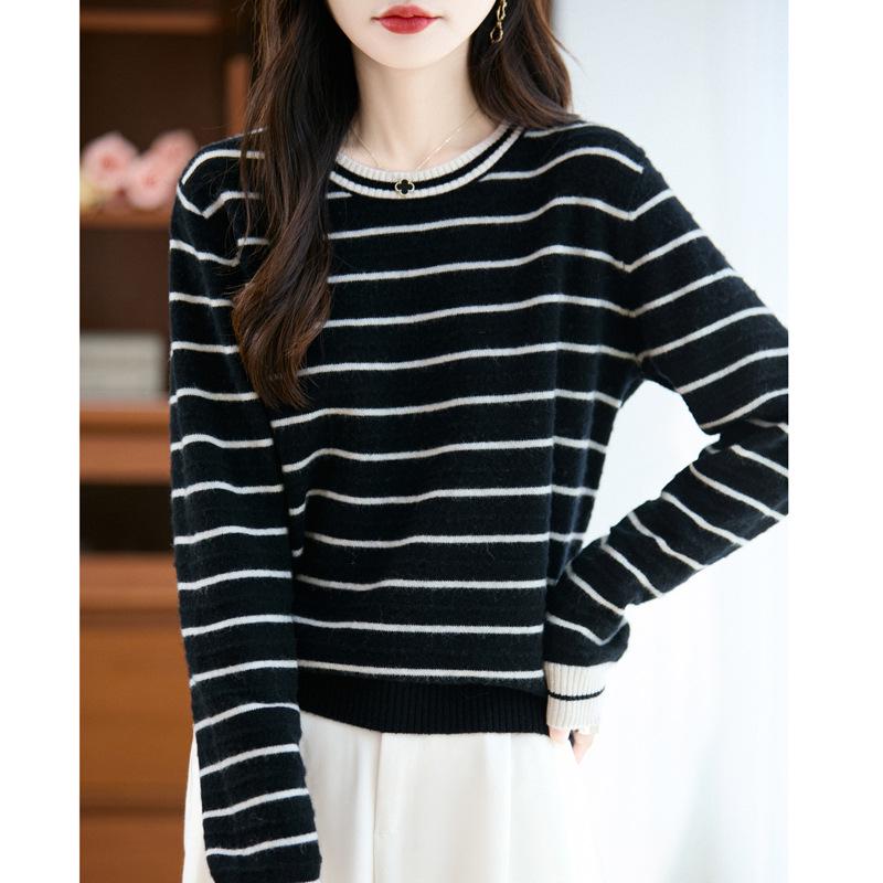 Women's French Retro Striped Wool Sweater - Slim Fit Autumn/Winter Knit Top