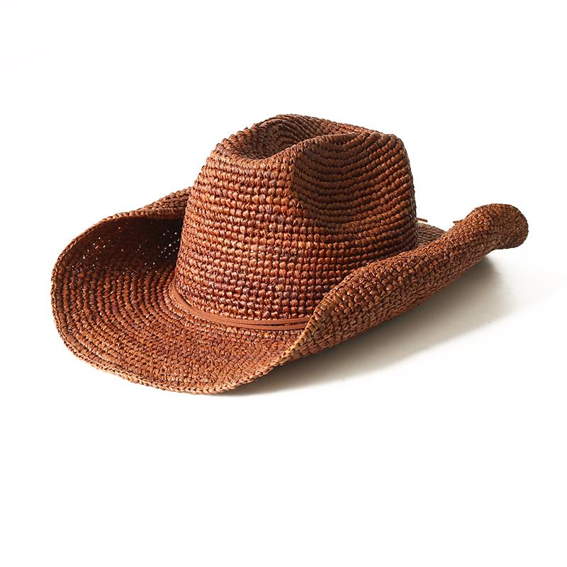 Handgehäkelter Western-Cowboyhut aus natürlichem Raffiastroh für Damen Herren Sommer Breiter Rand Sonnenhut Outdoor Atmungsaktiv Strand Panama