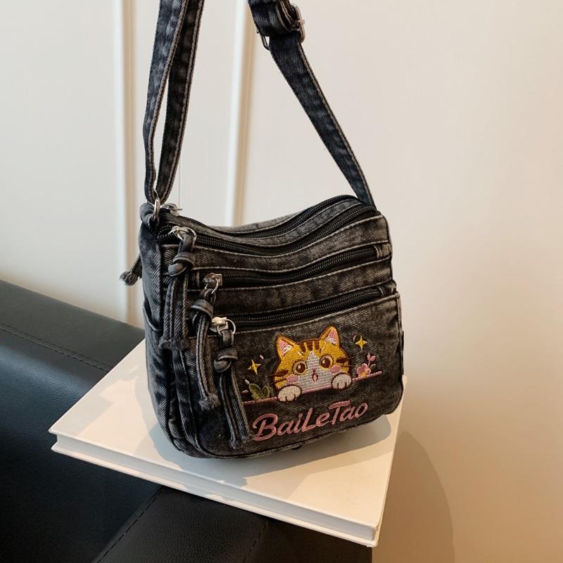 Koreanische Version Denim Crossbody-Tasche mit süßer Katzenstickerei – Verstellbarer Riemen, Kleine Sling-Tasche mit mehreren Taschen für Damen