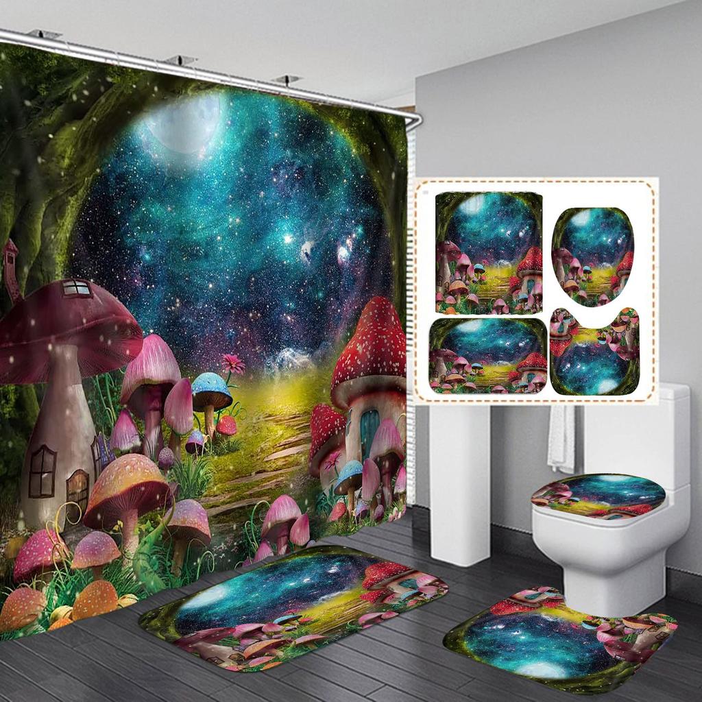 Fantasy Forest Fabric Shower Curtain Set Night Mysterious Jungle Full Moon Lake Vine Mushroom Butterfly Fairy Tale Bathroom Set