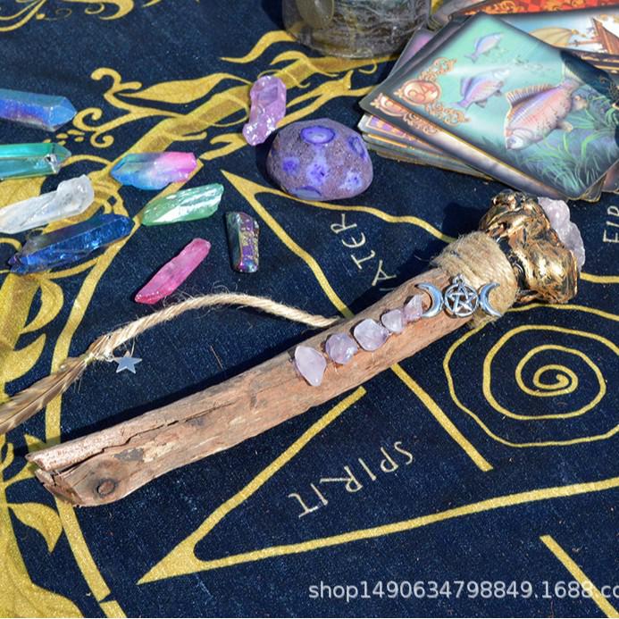 Amethyst Citrine Fluorite Branch Witch Staff with Celtic Knot Feather Ornament