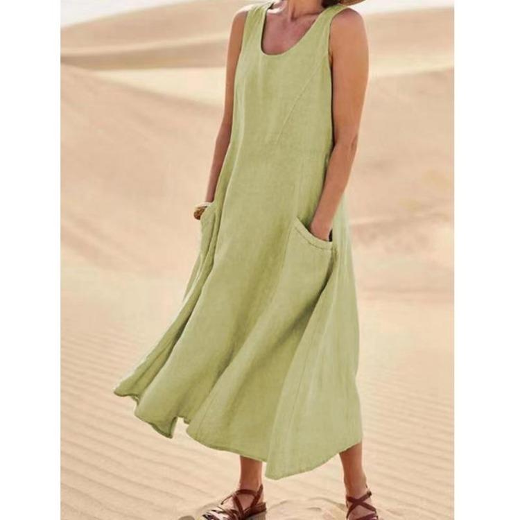 Summer Women Loose Long Sleeveless Round Neck Plain Pocket Dress Cotton Linen