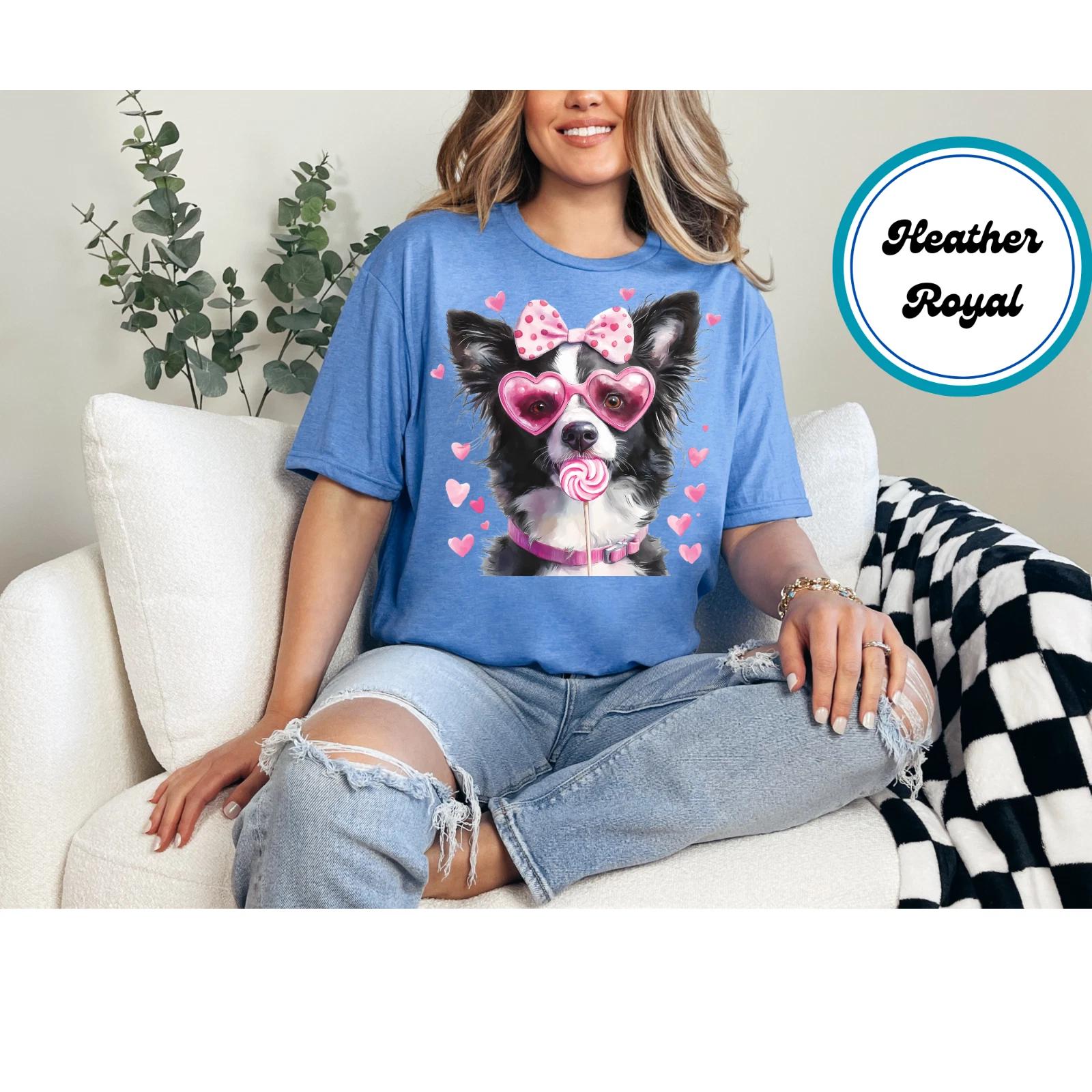 Women s Valentines Border Collie Oversized Print Graphic Shirt Cute Dog Shirt XL