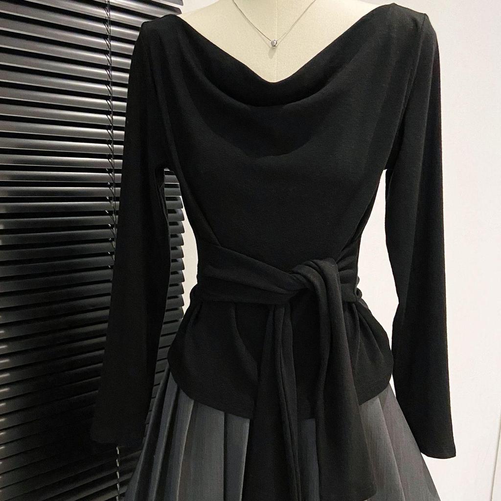 Women's French Swing Tie-Waist Long-Sleeve T-Shirt - Autumn 2026 New Arrival, High-End Slim-Fit Base Layer