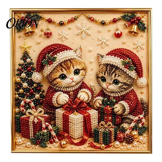 Christmas Faux Pearl Art Kit Xmas Cat Painting Kit, Festive DIY Winter Home Decor Cute Kitty 3D Bead Craft for Adults Teens, Holiday Wall Sparkling