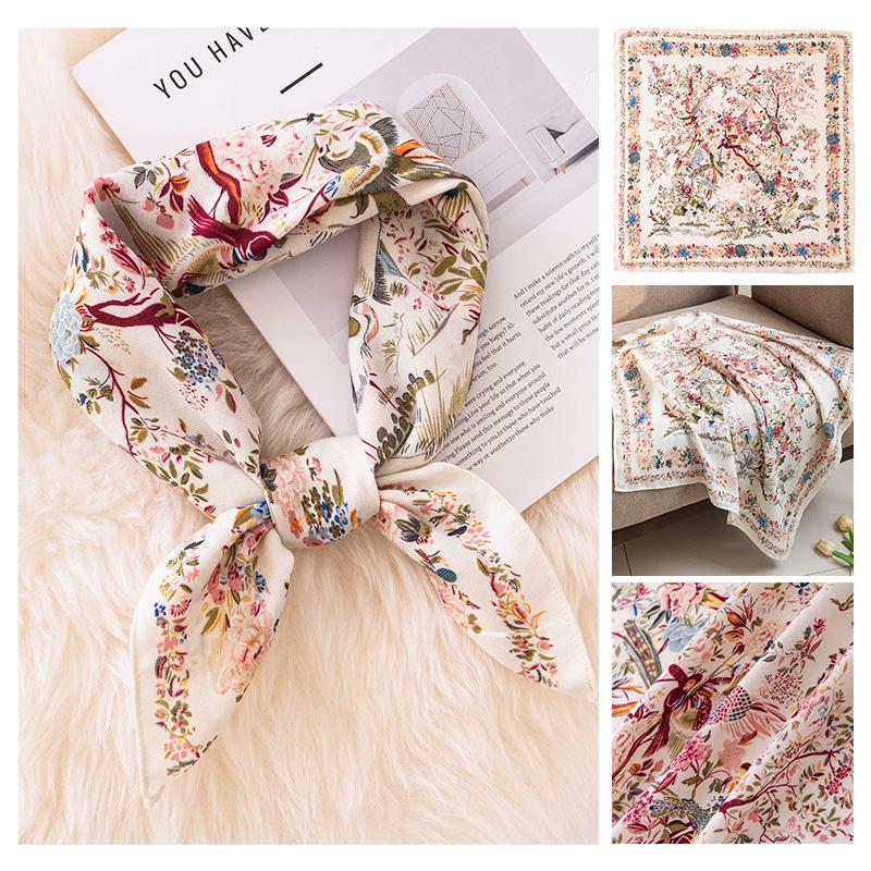 70Cm printed imitation silk scarf small square scarf high sense floral versatile temperament commuter scarf scarf cross-border women 70*70cm