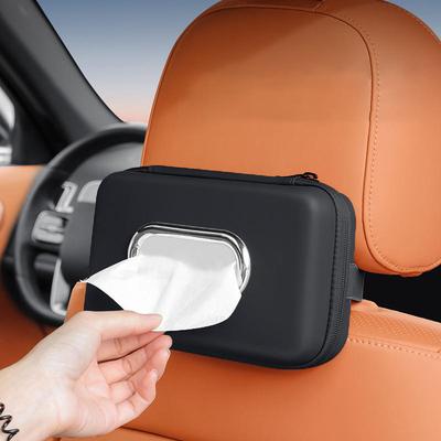 Front Seat Tissue Box Holder for Cars with Storage Mesh Pockets Adjustable Headrest Straps PU Leather Construction
