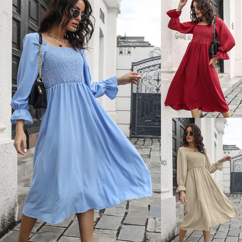 Women's Spring Summer Midi Dress, Flared Sleeves, A-Line, Square Collar, High Waist, Solid Color, S-XL