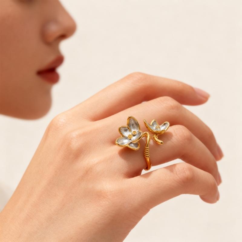 Double Color Floral Adjustable Finger Ring 18K Gold Plated Stainless Steel Fashion Accessory Artistic Open Band Ring