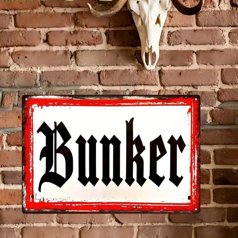 Vintage Retro Industrial Bunker Metal Tin Sign HD Printed Tin Plate Artwork with Gothic Bunker Text Red Distressed Border 20x30cm(7.8x11.8inch)