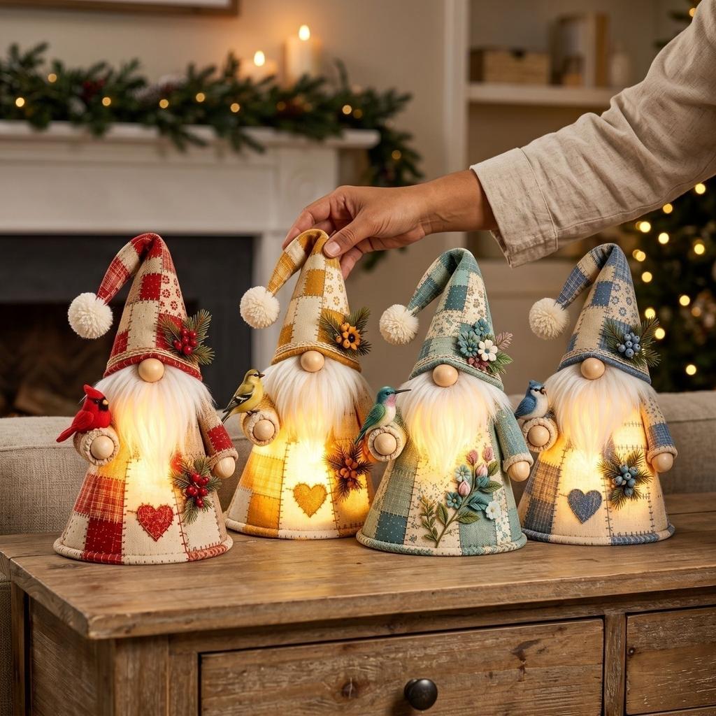 Patchwork Light-Up Gnome Figurine with Combinable Bird-Shaped Puppet for Home Decor