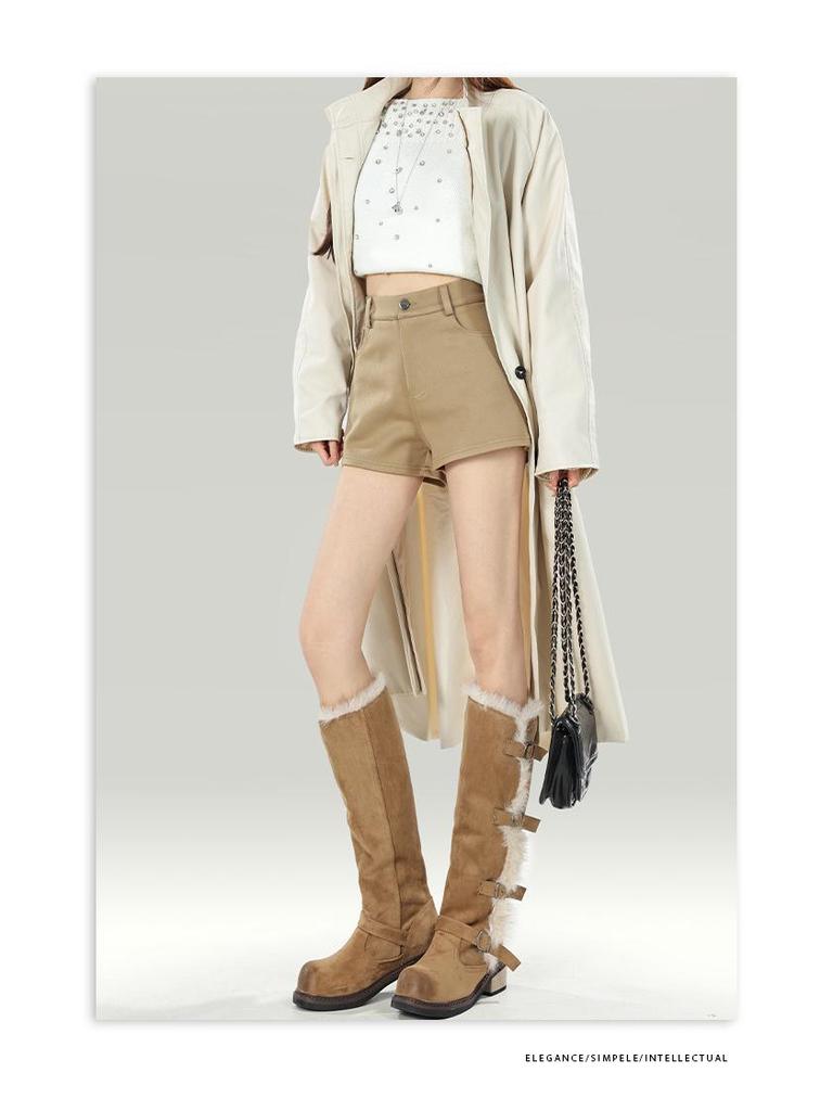 Khaki High-Waisted Casual Women's Shorts with Velvet Lining, 2025 Winter A-Line Bootcut Hot Pants