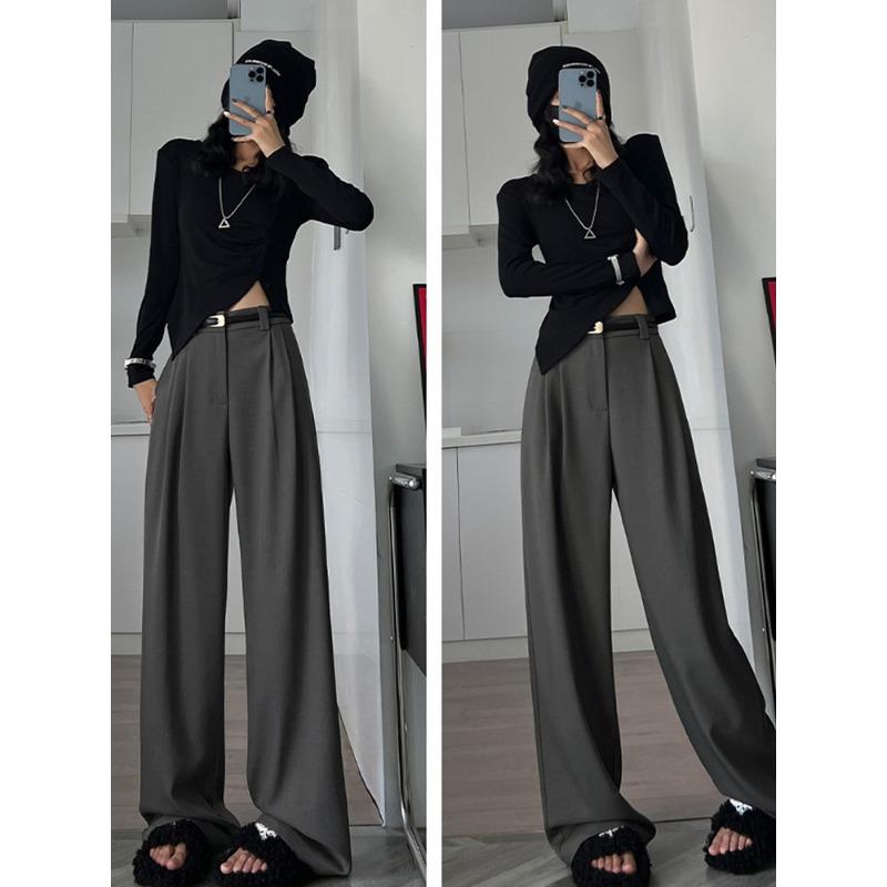 2025 Fall Winter Elegant Gray Suits Pants for Women Office Lady High Waist Wide Leg Fashion Trousers with Pockets Black Pants