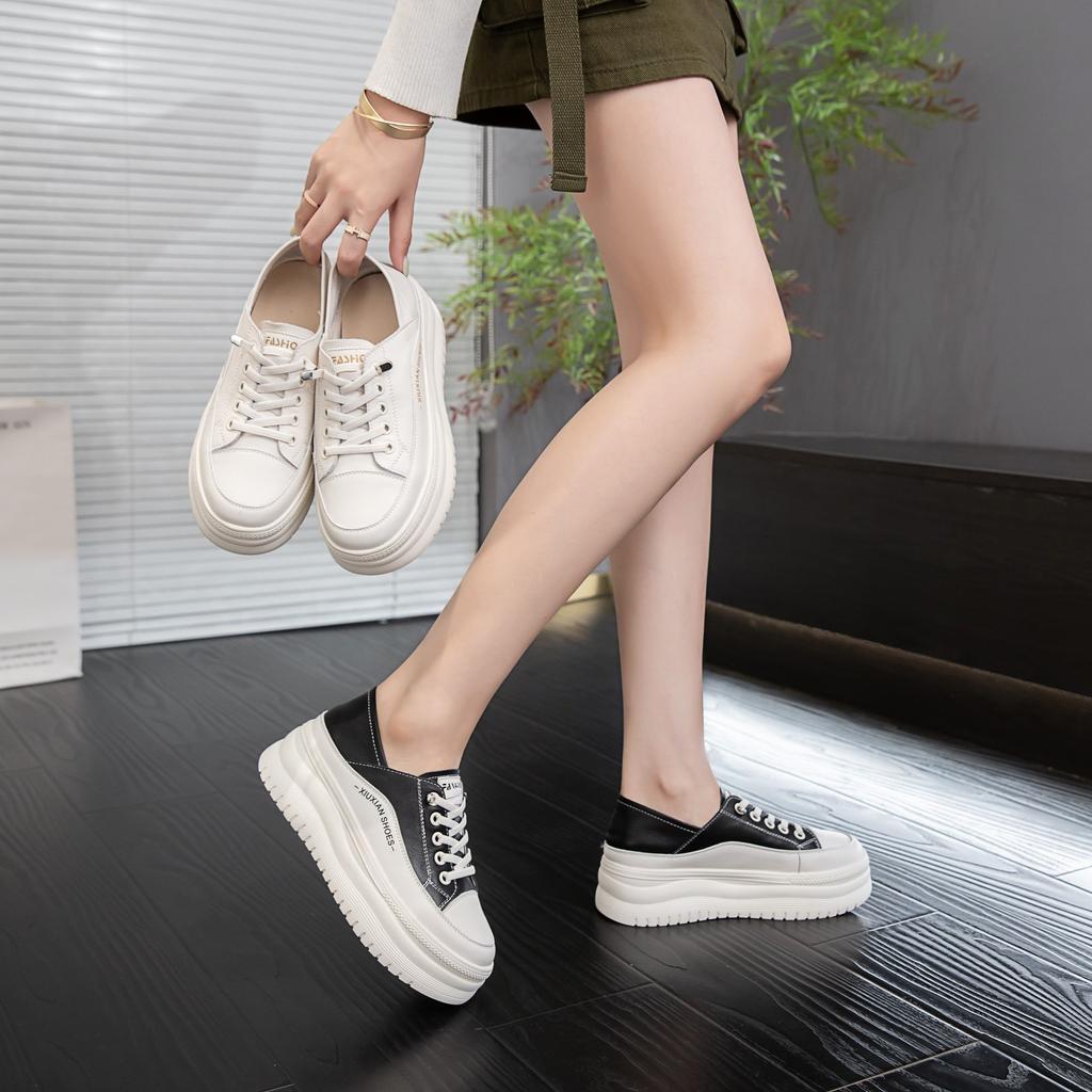 Leather Platform White Shoes Women's Summer 2025 Autumn New Soft-soled Heightening Board Shoes One Pedal Light Muffin Single Shoes