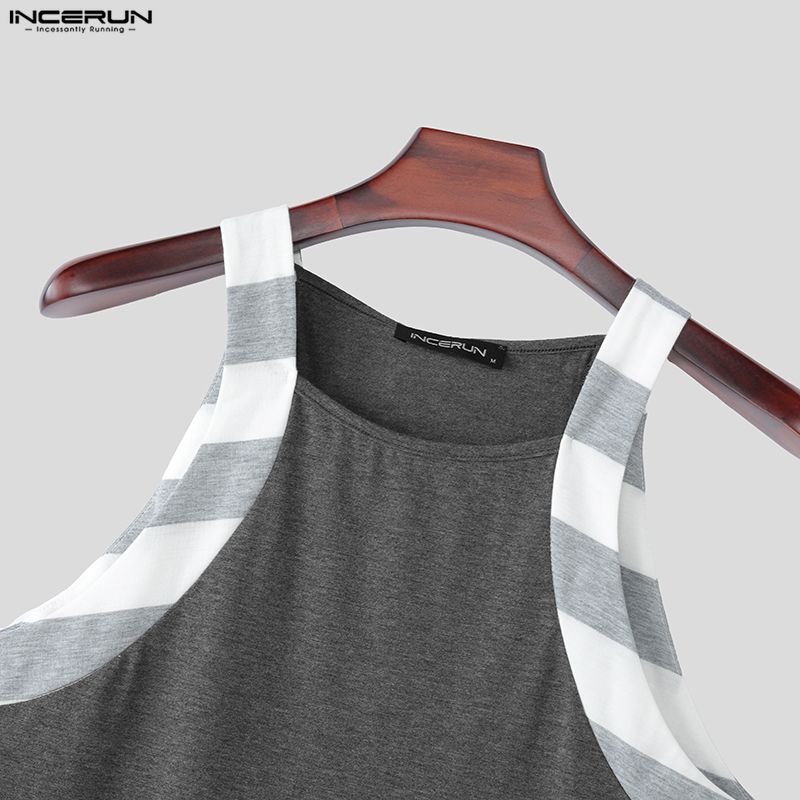 INCERUN Men Sleeveless Striped Splicing Casual Athletic Fitted Tank Tops Undershirts