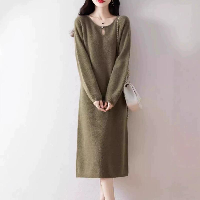 Autumn and winter new simple and versatile knitted dress femininity gentle wind loose and thin medium and long sweater skirt