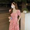 Gentle Wind Tea Break French Platycodon Lotus Leaf Edge Long Dress with Waist Split Square Neck Temperament Chiffon Floral Dress Summer
