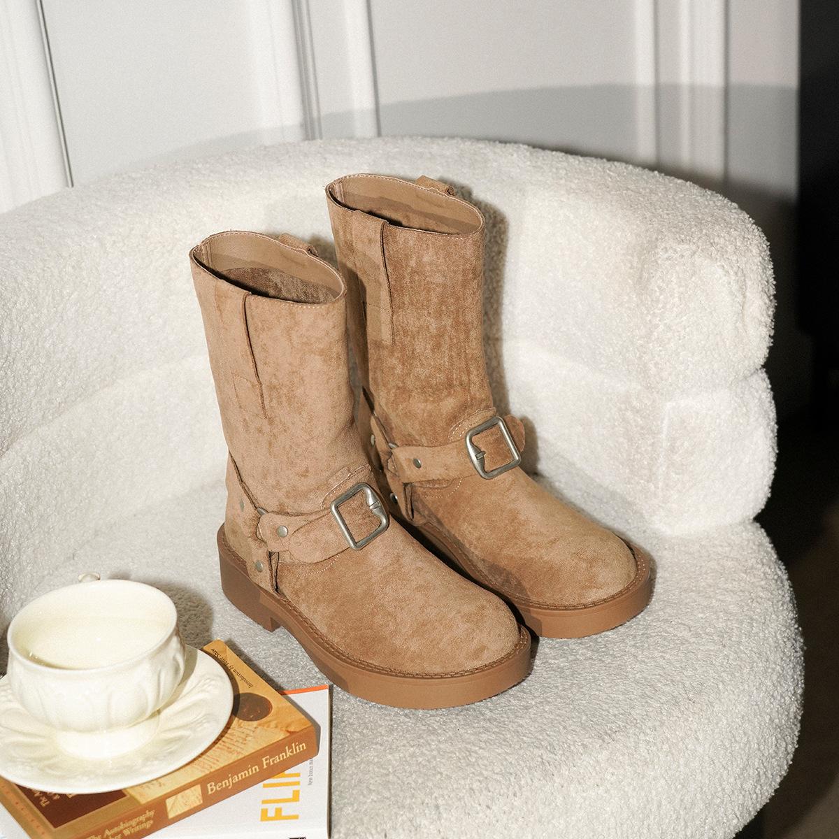 

Cowhide version~ Wasteland retro western cowboy boots women s metal buckle short boots British Martin boots thick-soled stacking boots 40