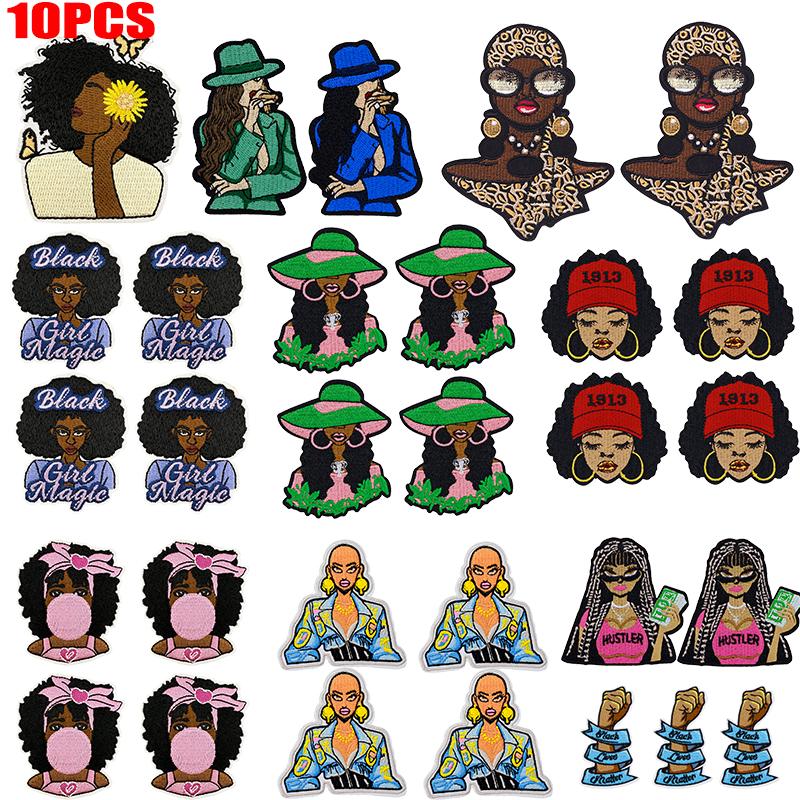 10PCS Fashion Black Girl Embroidered Patch Iron On Patches For Clothing Black Girl Magic Patches For Clothes Jackets Sewing DIY
