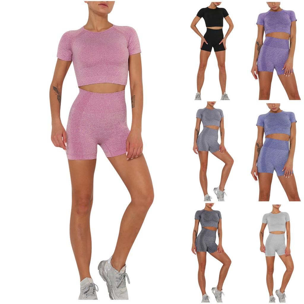 Fashion Women's Seamless Sports Short Sleeve Shorts Yoga Wear Fitness Set