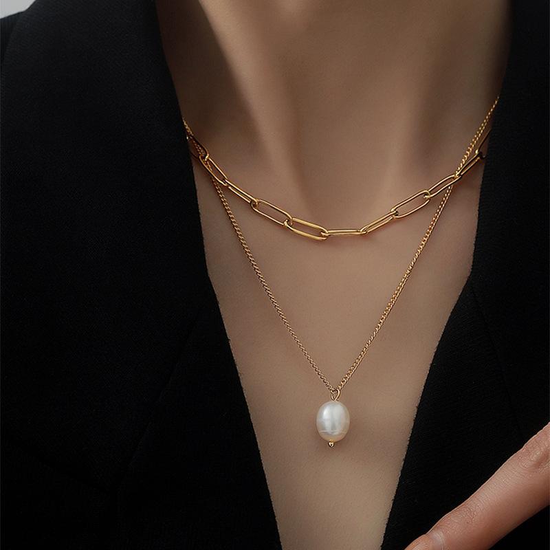 316L Stainless Steel New Fashion Fine Jewelry Minimalism 2-Layer Pearl Charm Chain Choker Necklaces Pendants For Women