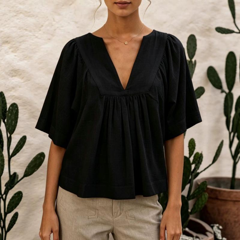 Women Casual Fashion Versatile V Neck Solid Color Shirt